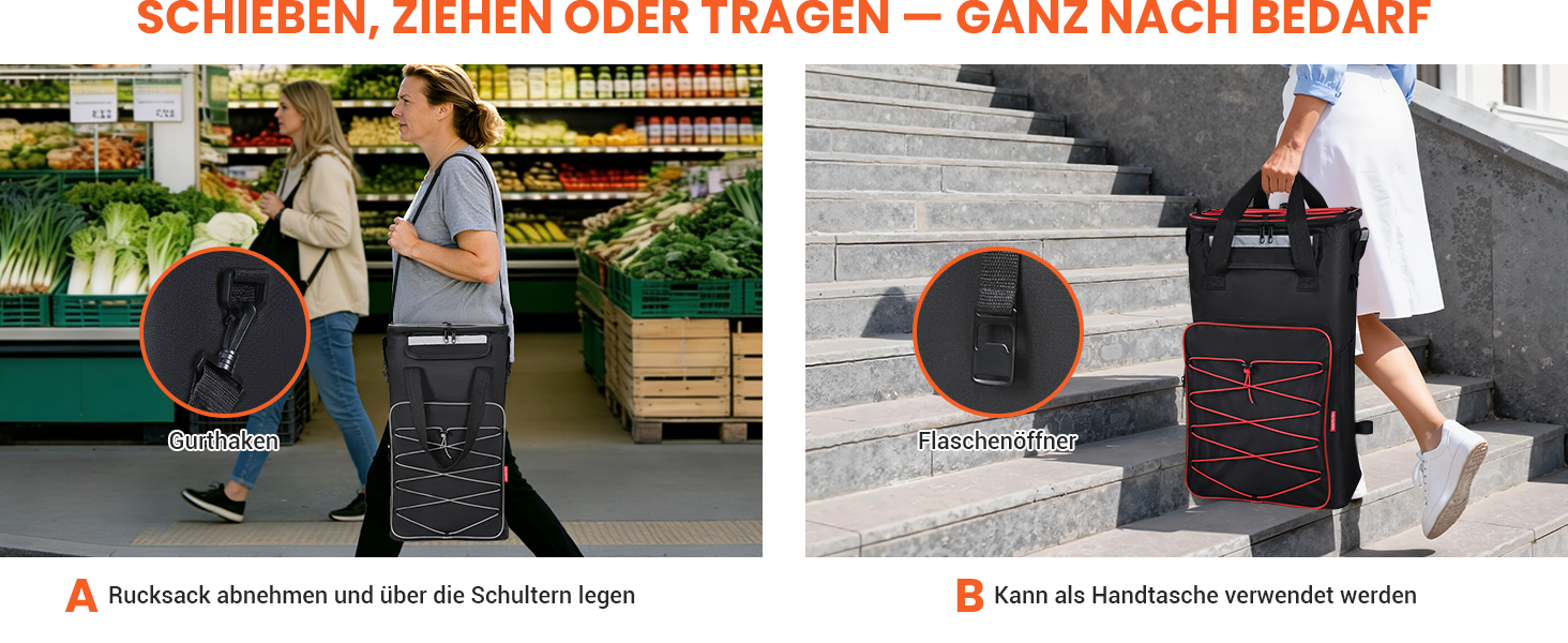 YEAUPE PRO Кухоль-тележка 3в1 з термоізольованим відділенням, 50л, знімний мішок, вантажопідйомність до 25кг, бічні кишені та відкривачка для пляшок (Чорний), не складається