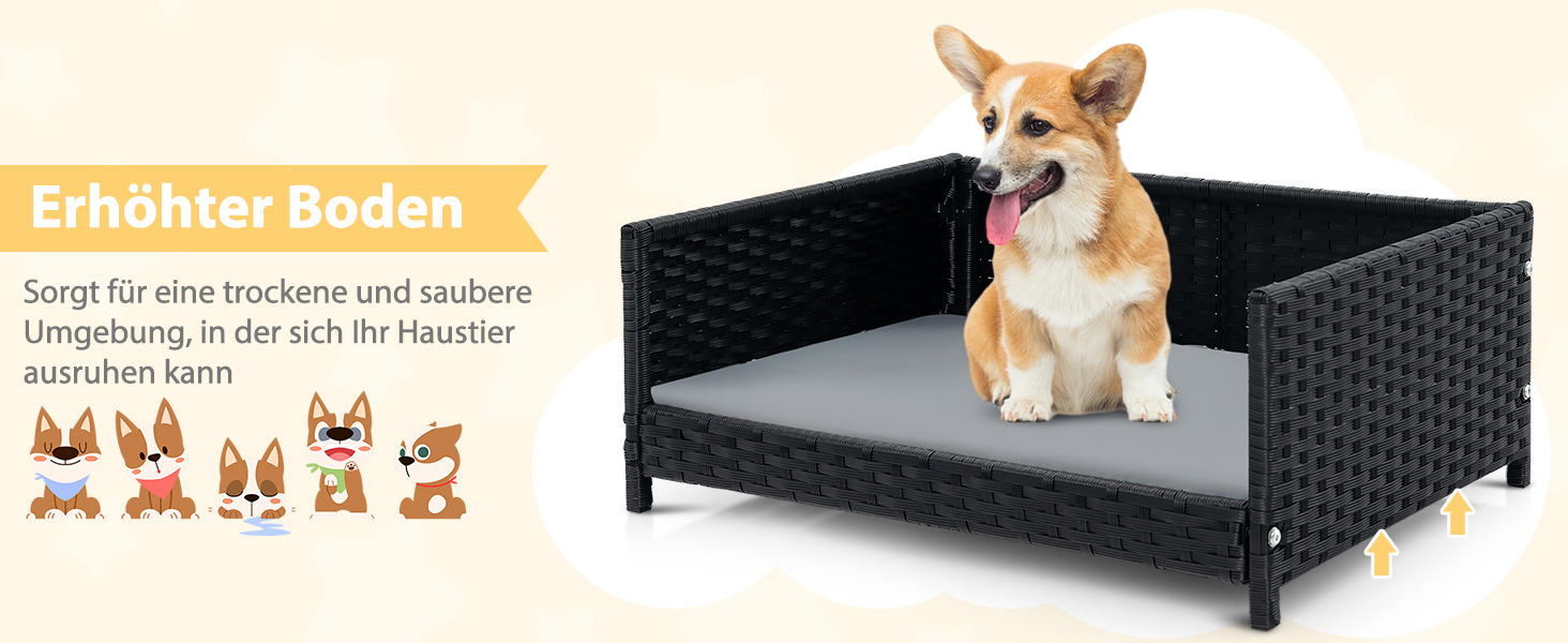 Софа для собак Costway з ротангу PE, лежанка для тварин з знімним подушкою та пральним покриттям, металевий каркас, піднята лежанка для собак маленьких/середніх порід, лежанка для собак для дому та вулиці, 62x46x25 см