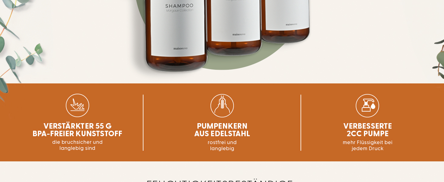 Шампунь MaisoNovo: набір з 3 пляшок для наповнення (500 мл) з дозатором, колір - бурштиновий, чорний насос