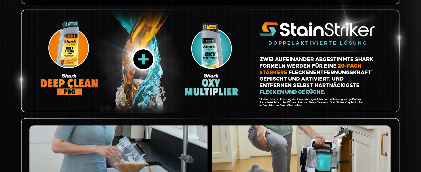 Shark Бездротовий видальник плям, портативний пилосос для прання та видалення запахів, для килимових покриттів, м'яких меблів та іншого, з коробкою для зберігання, аксесуарами та 2 × засіб для чищення, HX100EUCP (StainStriker Lösning Starterflaschen)