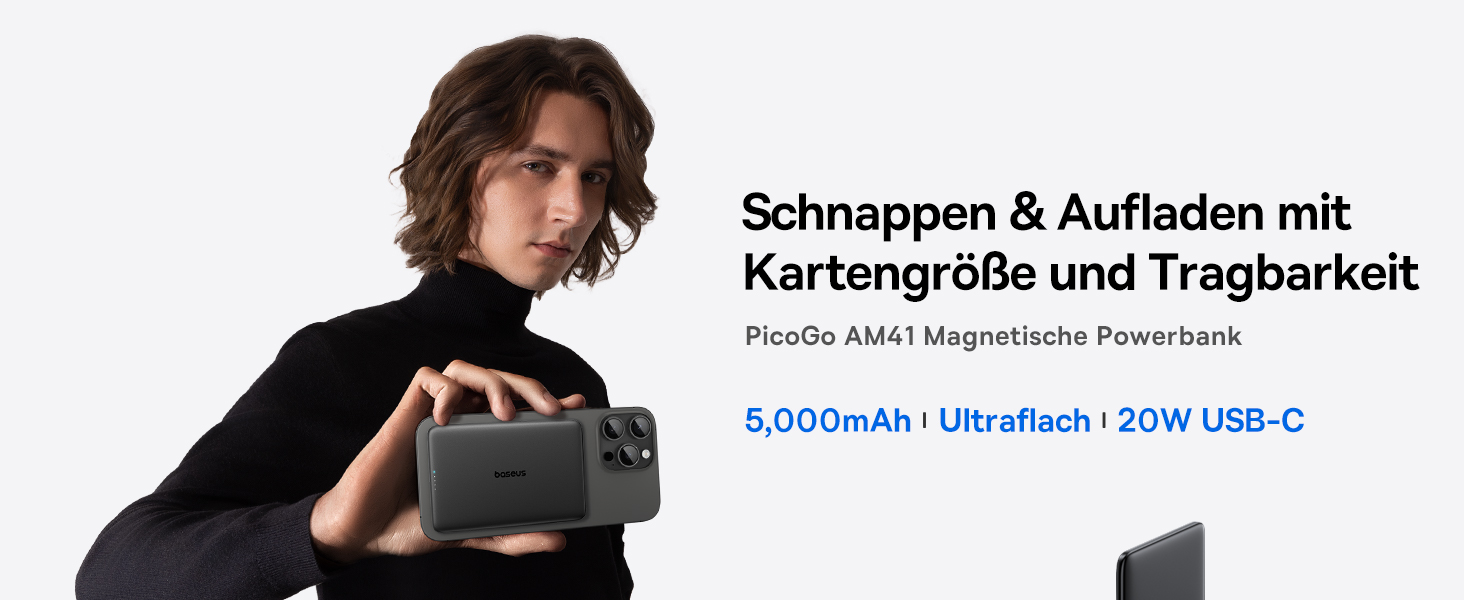 Power Bank Baseus Picogo AM41: Тонкий Magsafe Powerbank, PD 20W, 5000mAh, USB-C, для iPhone 17/16/15/14/13/12 (Чорний)