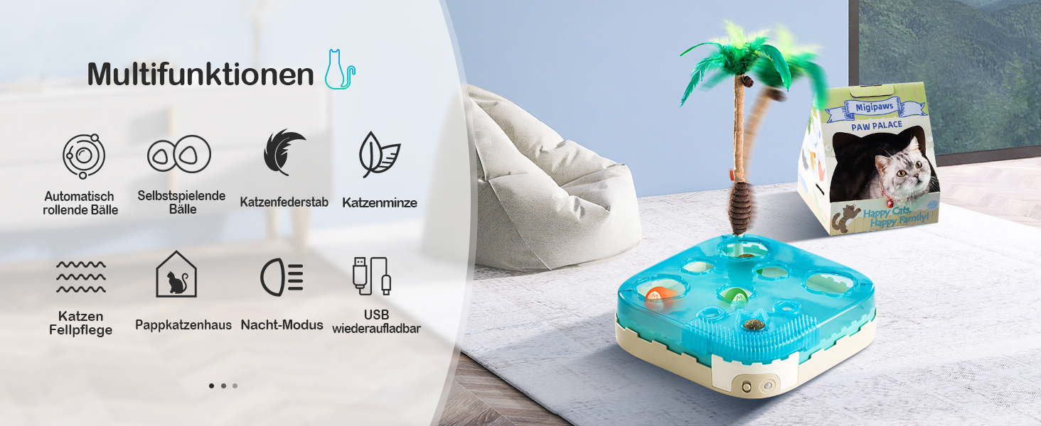 Migipaws Cat Toy, 7-in-1 Electric Interactive Cat Toy, Rolling Ball, Flexible Angel with Feathers, Catnip, Cat Grooming, Cardboard Cat House, Paw Palace for House Cats