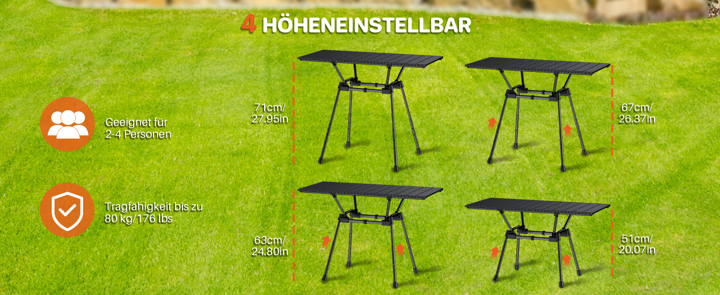 FUNYKICH Стіл для кемпінгу складний 82 x 40 см, регульована висота (44/70 см), легка збірка, портативний, з сітчастою кишенею, алюмінієва поверхня, для барбекю, кемпінгу, вечірок, саду (89 x 40 x 51/63/67/71 см)