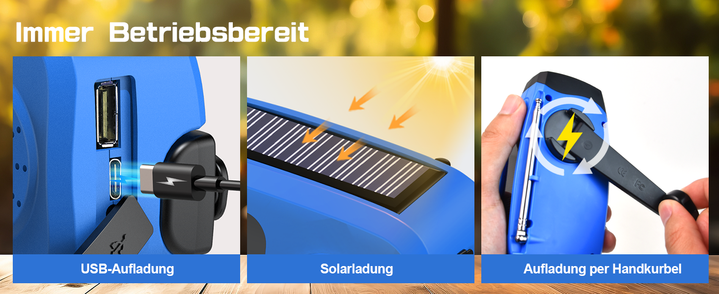 Радіо-кринка Notfall Weltempfänger 4000 mAh (14800 mWh) з 3 кабелями, AM/FM/WB, SOS-сигнал, ліхтарик, блакитне аварійне радіо