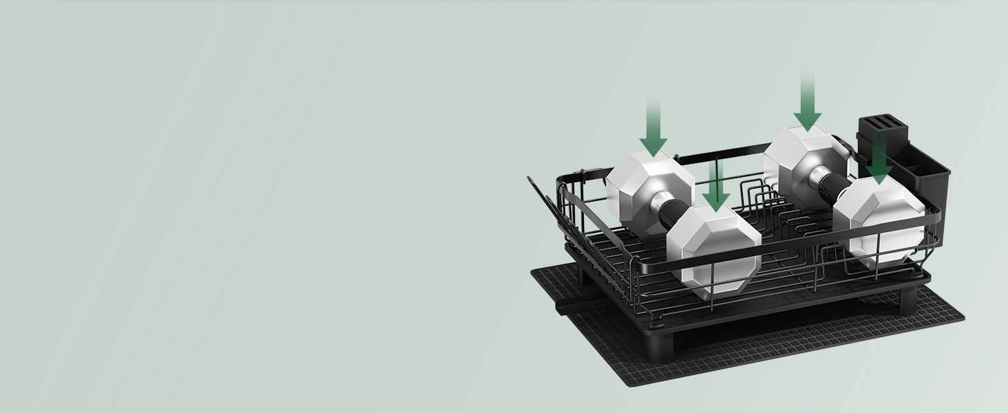 Сушарка для посуду MAJALiS з піддоном та килимком, 2-рівнева, з тримачем для столових приборів, поворотним виливом, чорна