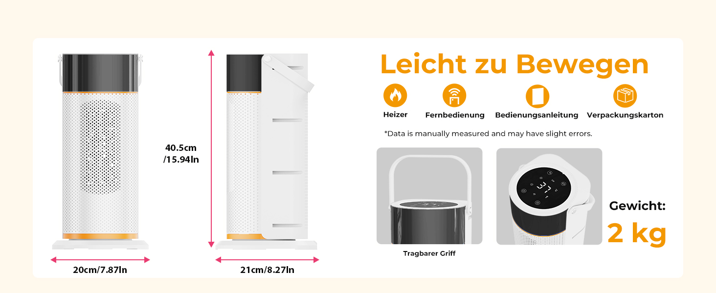 Електричний обігрівач 2000W з PTC-керамічним нагрівачем, тихий, з пультом керування, таймером, поворотним механізмом 70°, LED-дисплеєм для офісу, спальні, ванної кімнати, дому (білий)