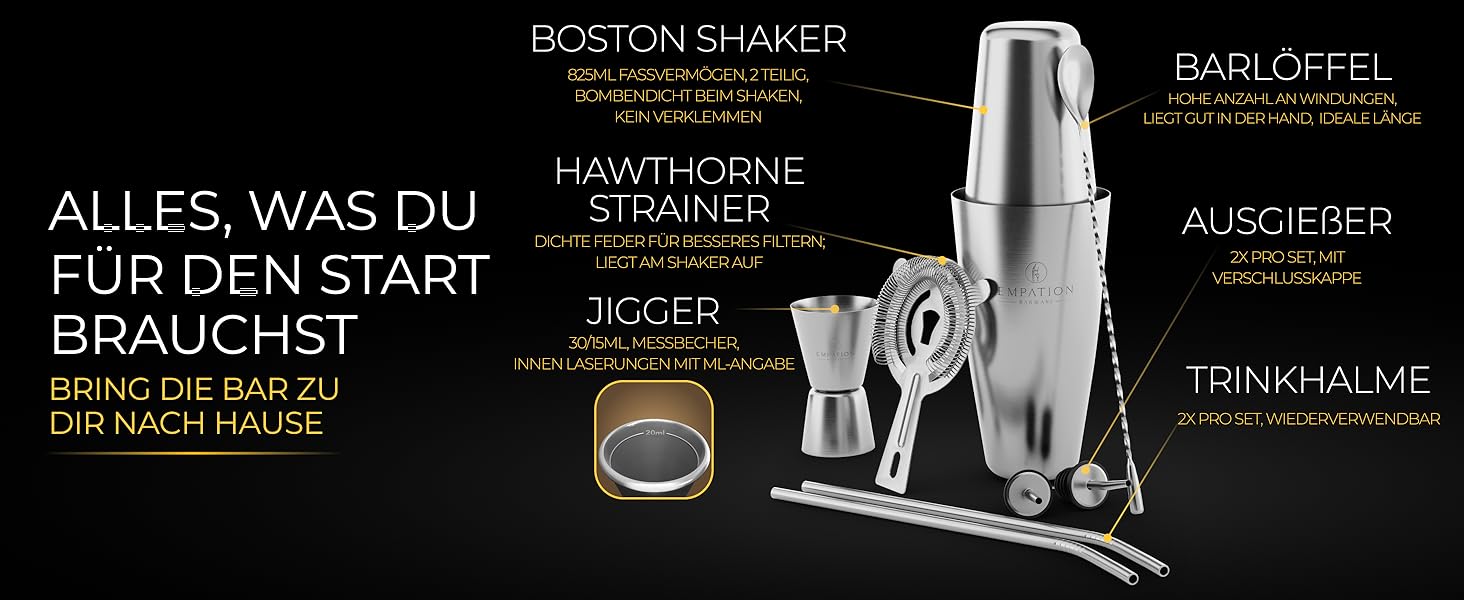 Набір для коктейлів EMPATION, 8 предметів: Boston Shaker з нержавіючої сталі 825 мл, мінімалістичний барний аксесуар, набір для початківців та професіоналів, ідеальний подарунок