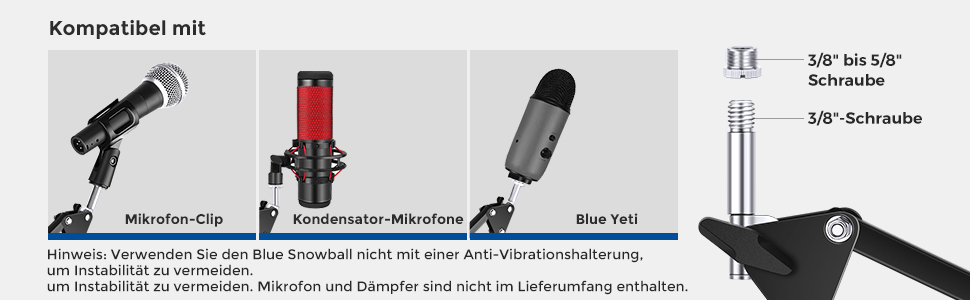 Тримач для мікрофона Neewer NW-35B: підвіс-кріплення, шарнірний мікрофонний стійка з 3/8' - 5/8' гвинтом та кабелетримачем, сумісний з Blue Yeti, Snowball, Yeti X, Quadcast та іншими мікрофонами, максимальне навантаження 1.5 кг