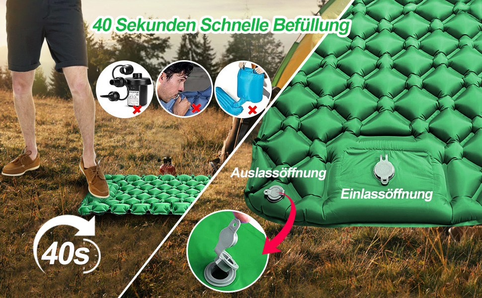 Isomatte HVIERO Саморозкладається, надувна, з насосом, для кемпінгу, туризму, рюкзака, зелена