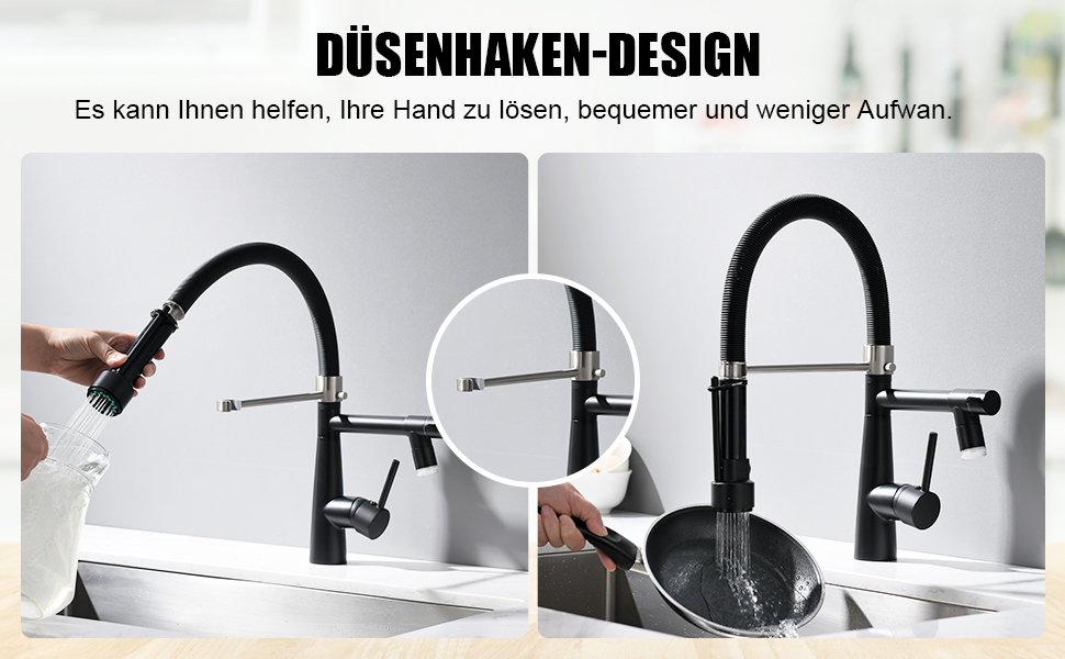 LED кухонний змішувач з спіральною пружиною, поворотний на 360°, з двома виливами, висувний, для кухні, з душем, високий тиск, з матовим нікелем