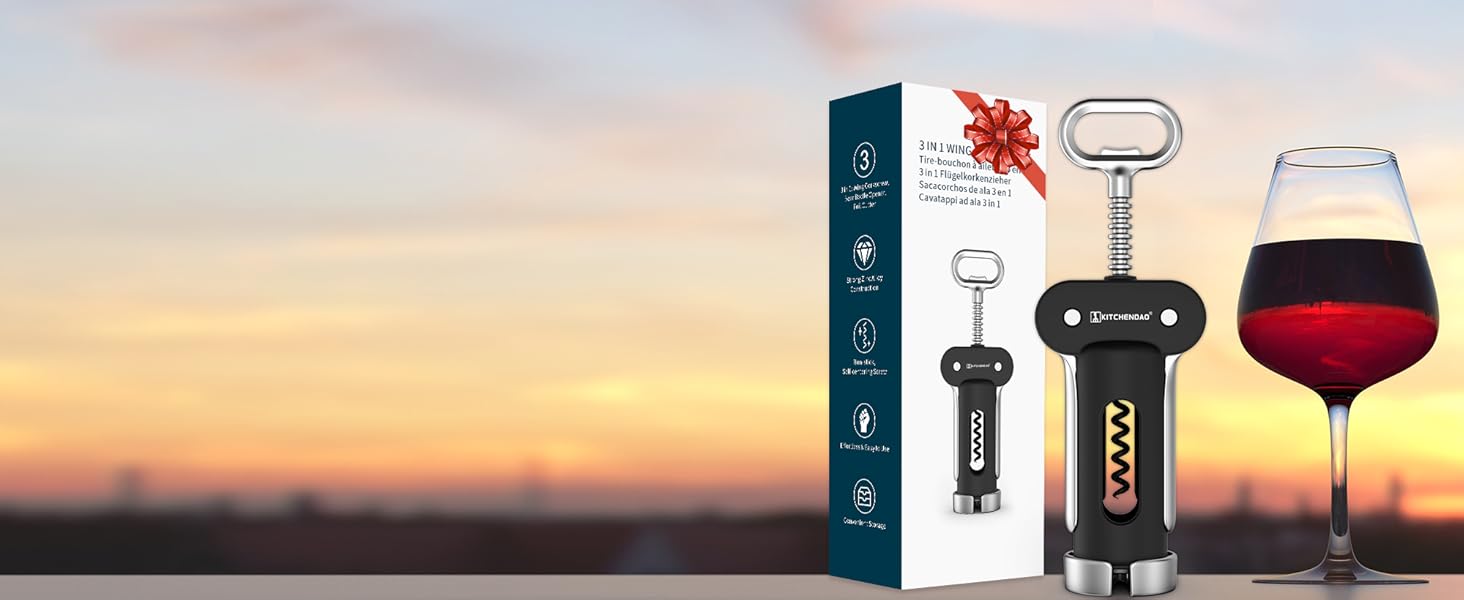 Відкривачка для вина KITCHENDAO 3-в-1 з різаком фольги та відкривачем для пляшок, чорна