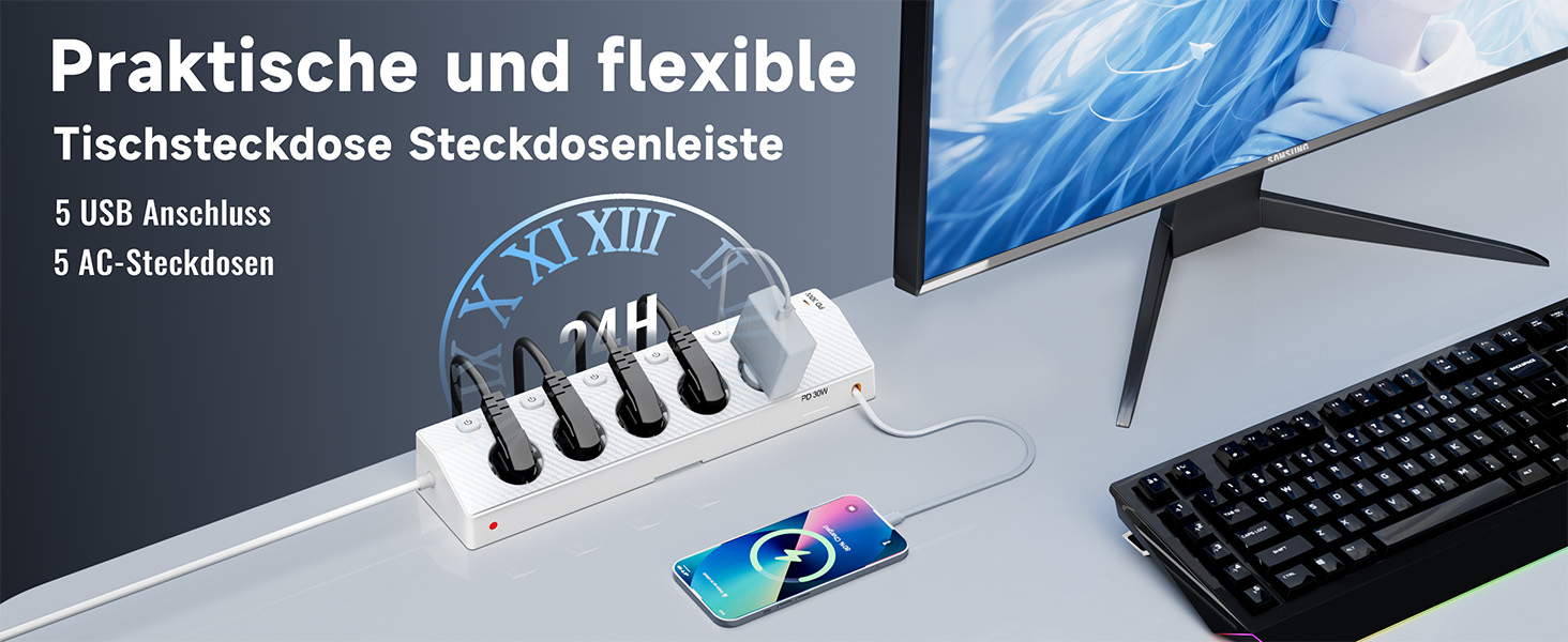 Настільний мережевий фільтр з 5 розетками та 2 USB-C (PD 30W), подовжувач з вимикачем, 4000W, кабель 2м, білий