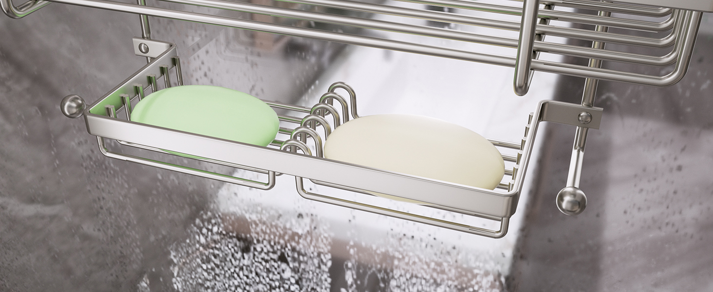 Настінна поличка для душу SWTYMIKI з нержавіючої сталі, сірого кольору - 2 корзини, 2 мильниці, 14 гачків