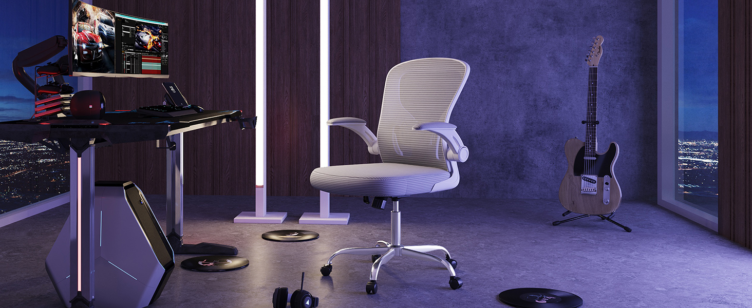 Офісний стіл DEVAISE: ергономічний крісло з регульованою підтримкою попереку та відкидними підлокітниками, регульована висота, білий, до 136 кг, без підголівника