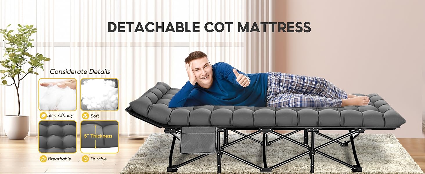 Розкладне ліжко для кемпінгу DRMOIS: велике (XXL), 81 см, вантажопідйомність 400 кг, з ізольованим килимком, сіре