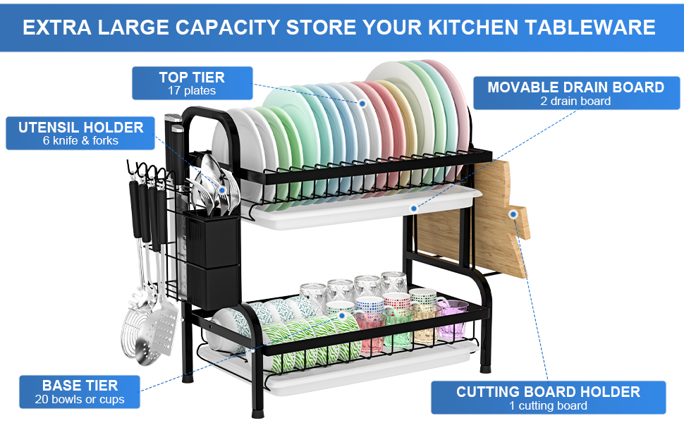 Сушарка для посуду Astoryou 2-ярусна, чорна, з підставкою для столових приборів, з нержавіючої сталі (42x23x41 см)