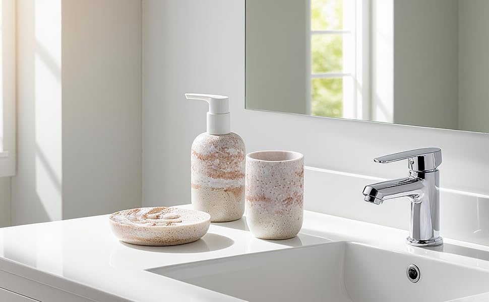 Набір для ванної кімнати 3 шт: дозатор для мила, мильниця та тримач для зубних щіток, білий, з високоякісного харчу, від виробника DREI