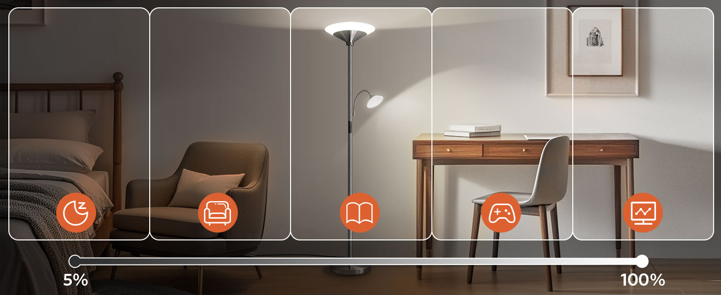 LED торшер BBHome для вітальні з регулюванням яскравості та лампою для читання, 3000K-6500K, з пультом та сенсором, срібний