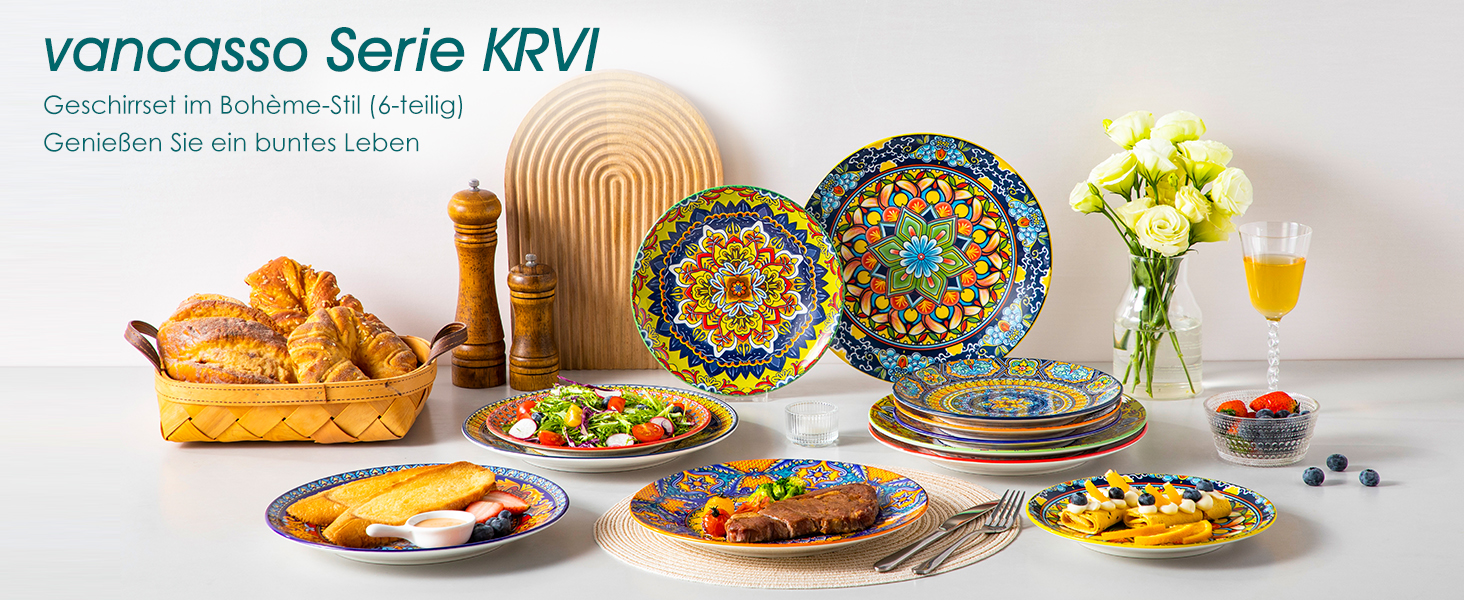 Набір посуду з порцеляни Vancasso (18 предметів) для 6 осіб: тарілки, десертні тарілки, миски, серія KRVI