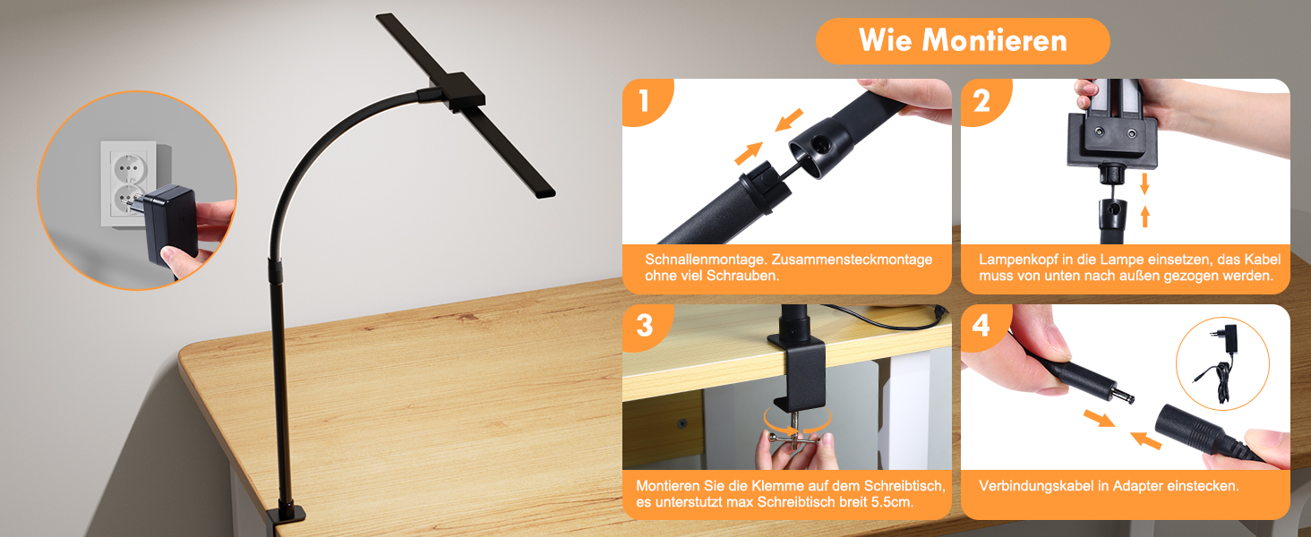 Світлодіодна лампа VUENICEE для столу з регулюванням яскравості та пультом дистанційного керування, 20W, кріплення-прищіпка, офісна лампа, 5 режимів кольору та яскравості, гнусий