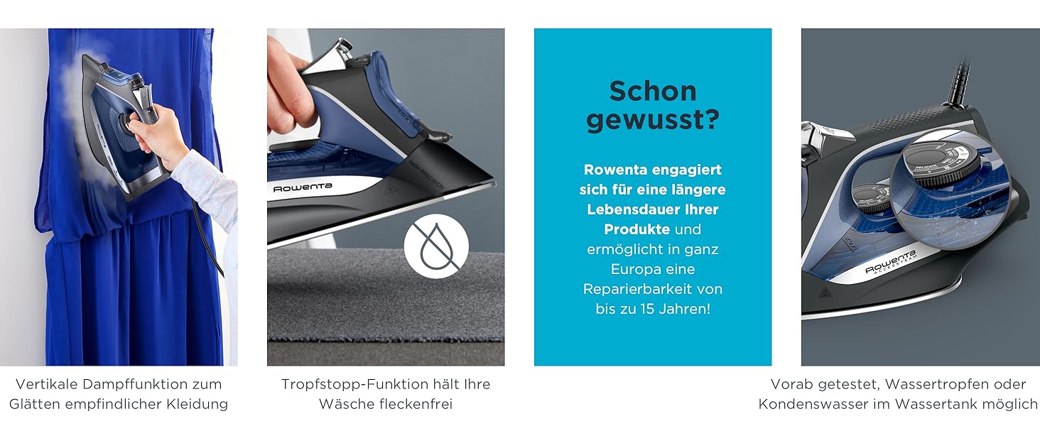 Праска Rowenta Acessteam DW4301: 2500 Вт, 140 г/хв, Microsteam 300, захист від накипу, без крапель, блакитно-чорна