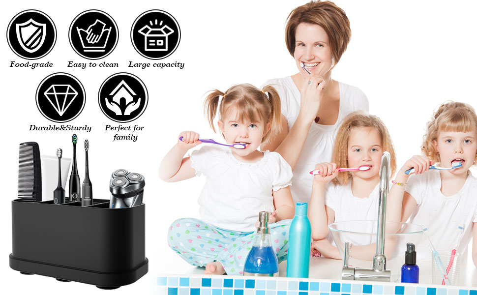 Тримач для зубних щіток з силікону, органайзер для ванної кімнати з присосками, 5 слотів, водонепроникний, для сім'ї (чорний)