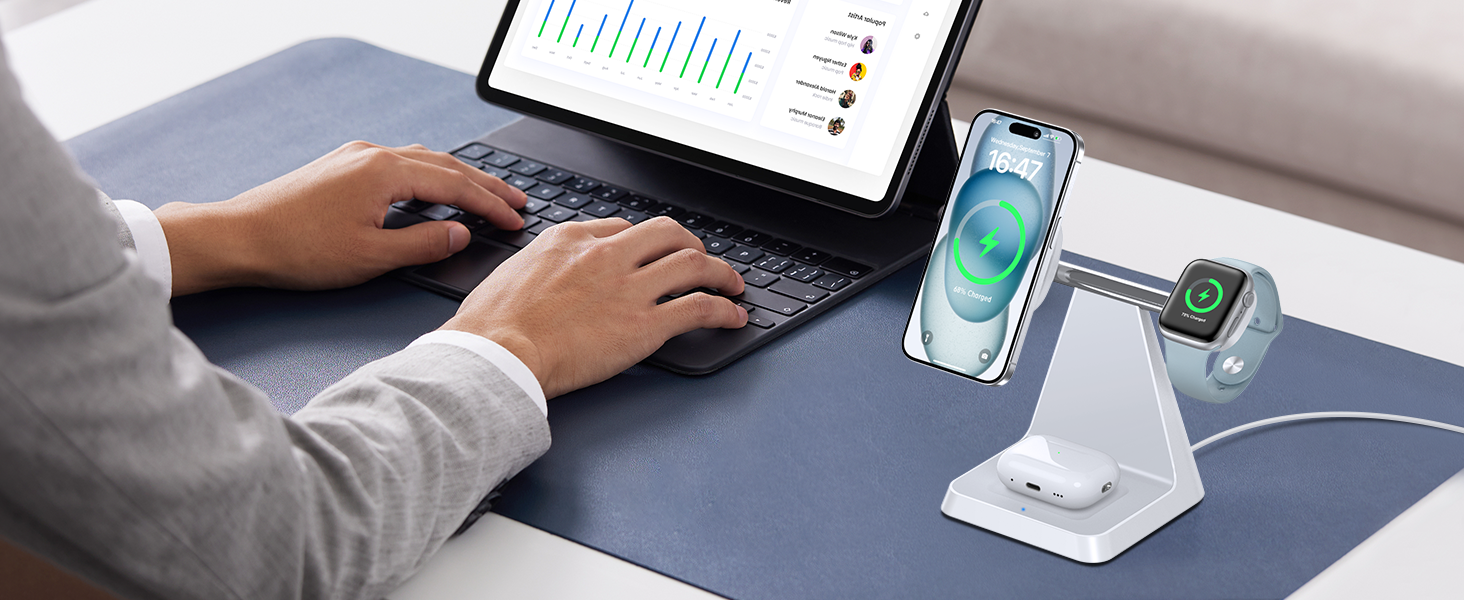 Бездротовий зарядний пристрій MagSafe 3-в-1 для iPhone: зарядка для Apple Watch та AirPods, сумісна з iPhone 16, 15, 14, 13, 12 (білий)