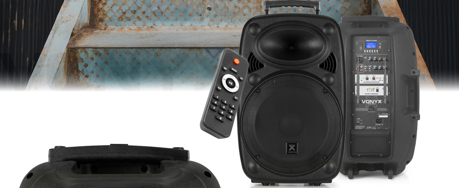 Vonyx Verve46 - портативна акустична система для вечірок, Bluetooth, 1000W, 2 мікрофони UHF, MP3, з пультом ДУ, чорний