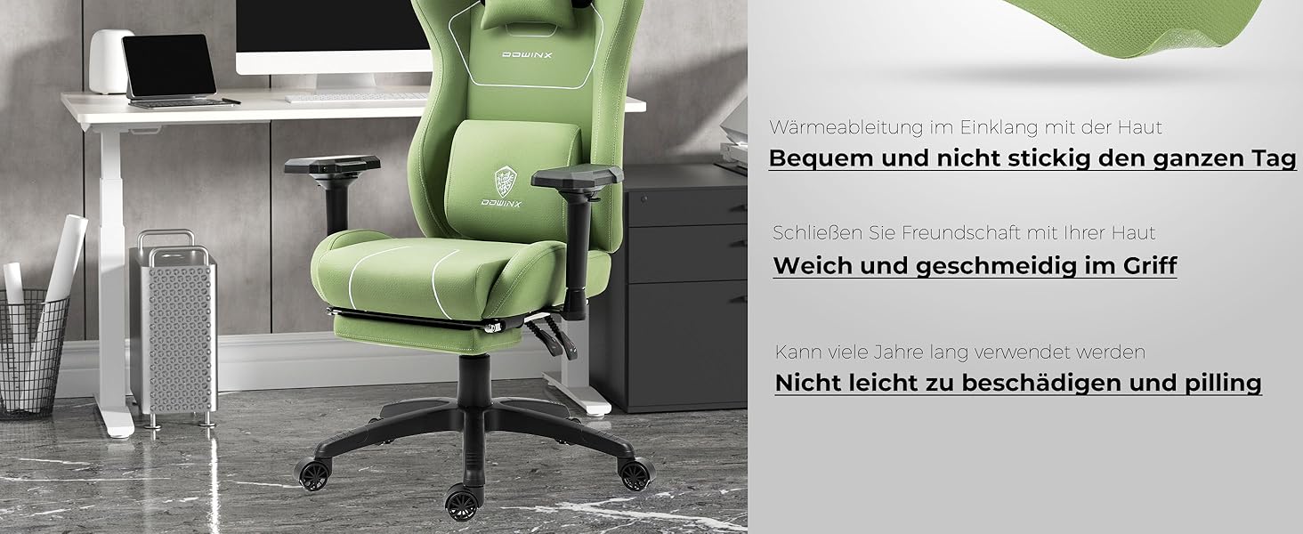 Ігровий крісло Dowinx з тканини, ергономічний, з підлокітниками 4D, для тривалої гри (Зелений)