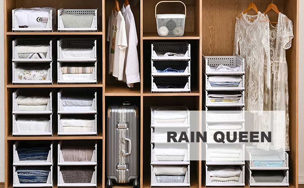 RAIN QUEEN Набір з 3 складаних і штабельованих пластикових боксів для зберігання одягу у спальню, органайзер для шафи (білий)