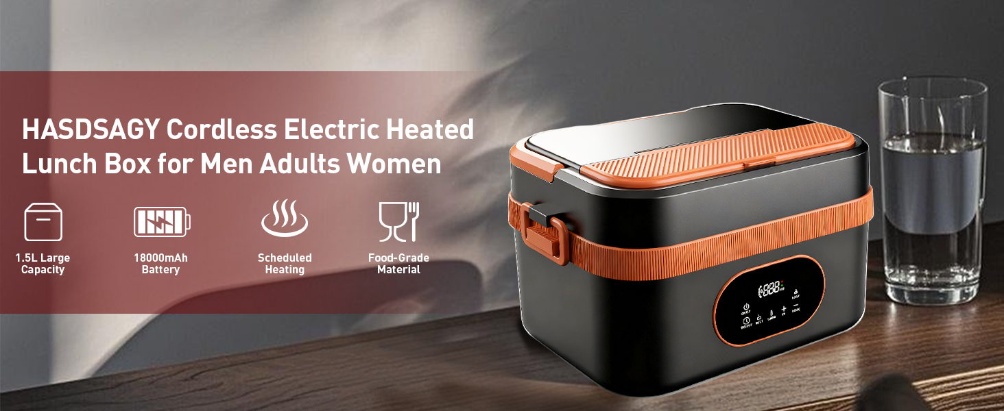 Електрична обідовниця з підігрівом 1.5L, перезаряджувана, портативна, для роботи, сім'ї, кемпінгу, офісу, подорожей, будівельних майданчиків, чорна з червоними акцентами