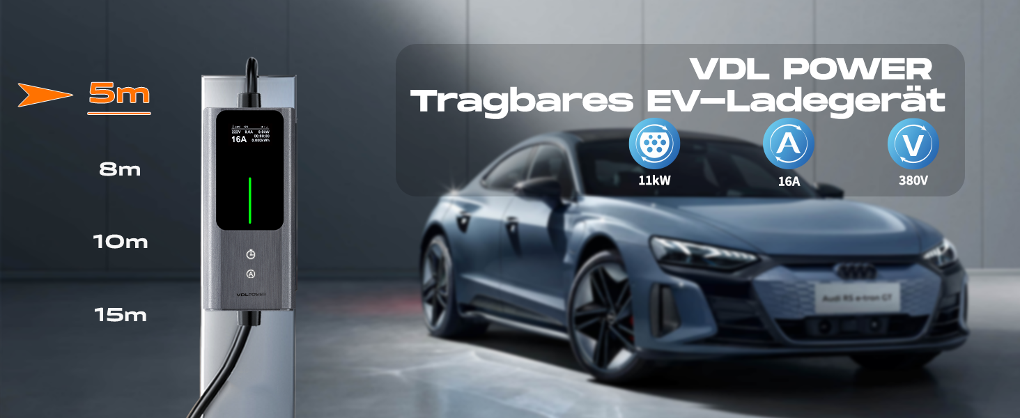 Мобільна зарядка для електромобіля 11 кВт, кабель CEE 16A - Type 2, 5м, 6-16A, програмування часу старту