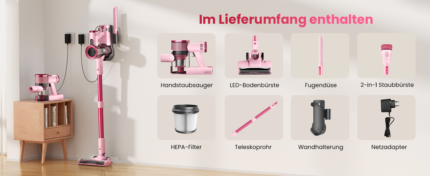 Бездротовий пилосос Dzaki 50000Pa з акумулятором, дисплеєм, функцією паркування та насадкою Anti-Tangle для килимів, твердих поверхонь, шерсті тварин та авто (помаранчево-рожевий)