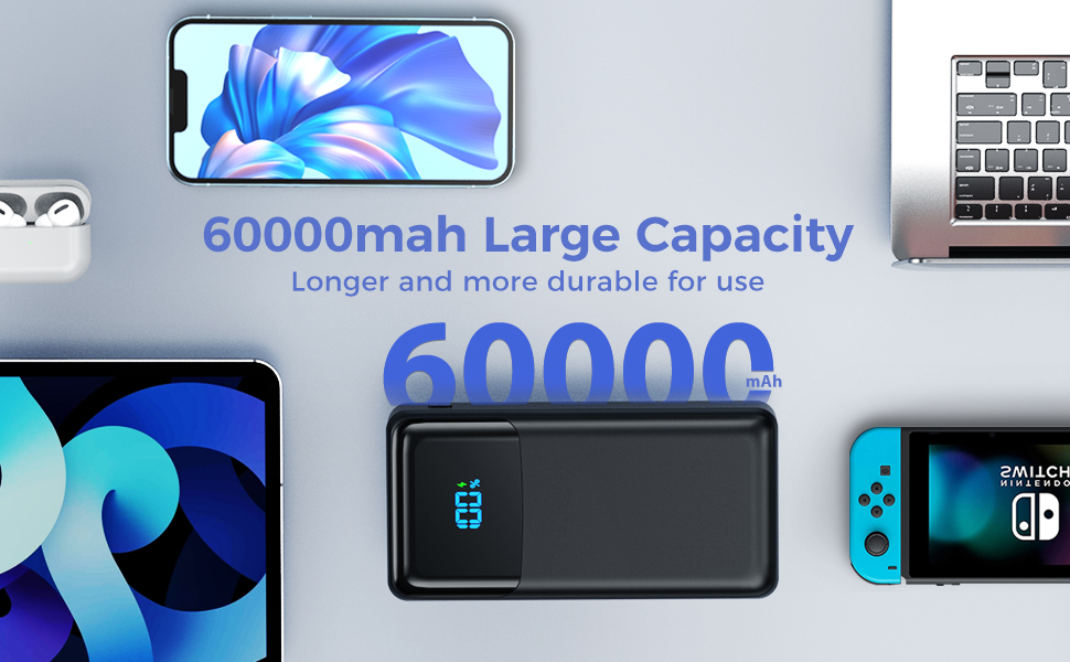 Power Bank 60000mAh з LED дисплеєм, 22.5W швидка зарядка, 4 виходи USB-C, чорний