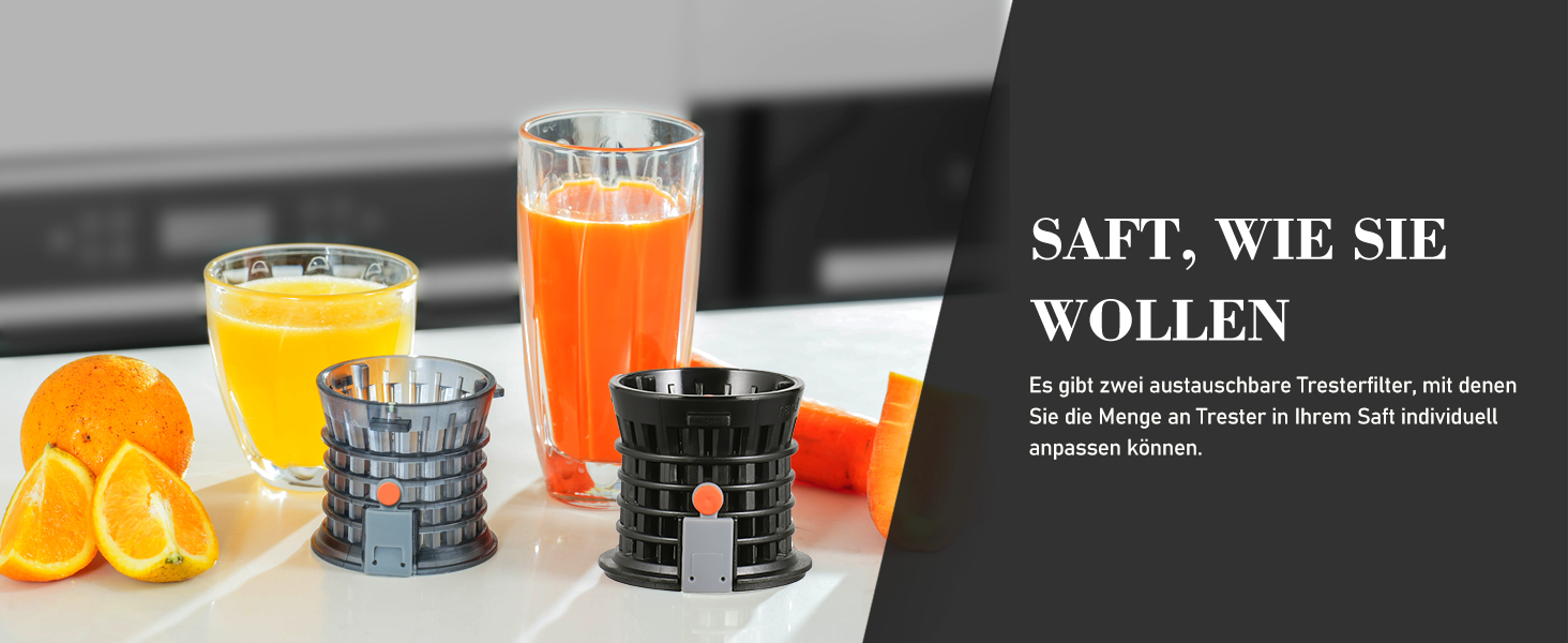 AMZCHEF Електричний соковитискач Slow Juicer 103 мм - потужність 250W, для овочів та фруктів, з 2 фільтрами, тихий двигун, функція реверсу, чорний