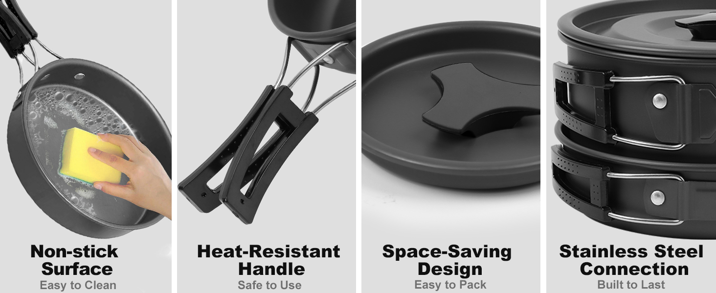 Набір кухонного посуду для кемпінгу: 15 предметів, чорний. Ідеально для пікніків, походів та кемпінгу. Включає казанок, сковорідку, чайник та інше.