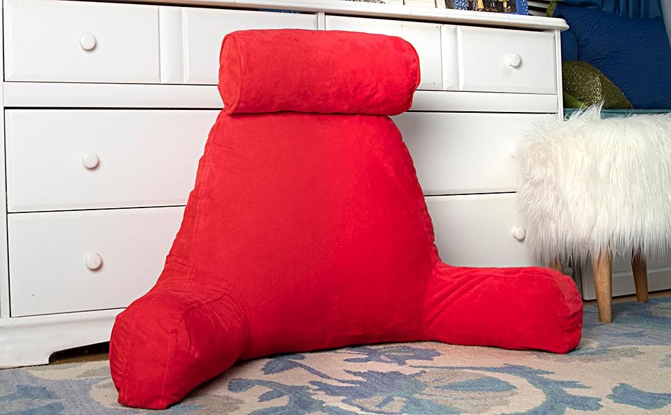 Подушка для чоловіків з підлокітниками - велика, для читання та відпочинку в ліжку. З преміум-піною з пам'яті, знімний валик для шиї на банджі. Червоний колір | Оригінальна версія