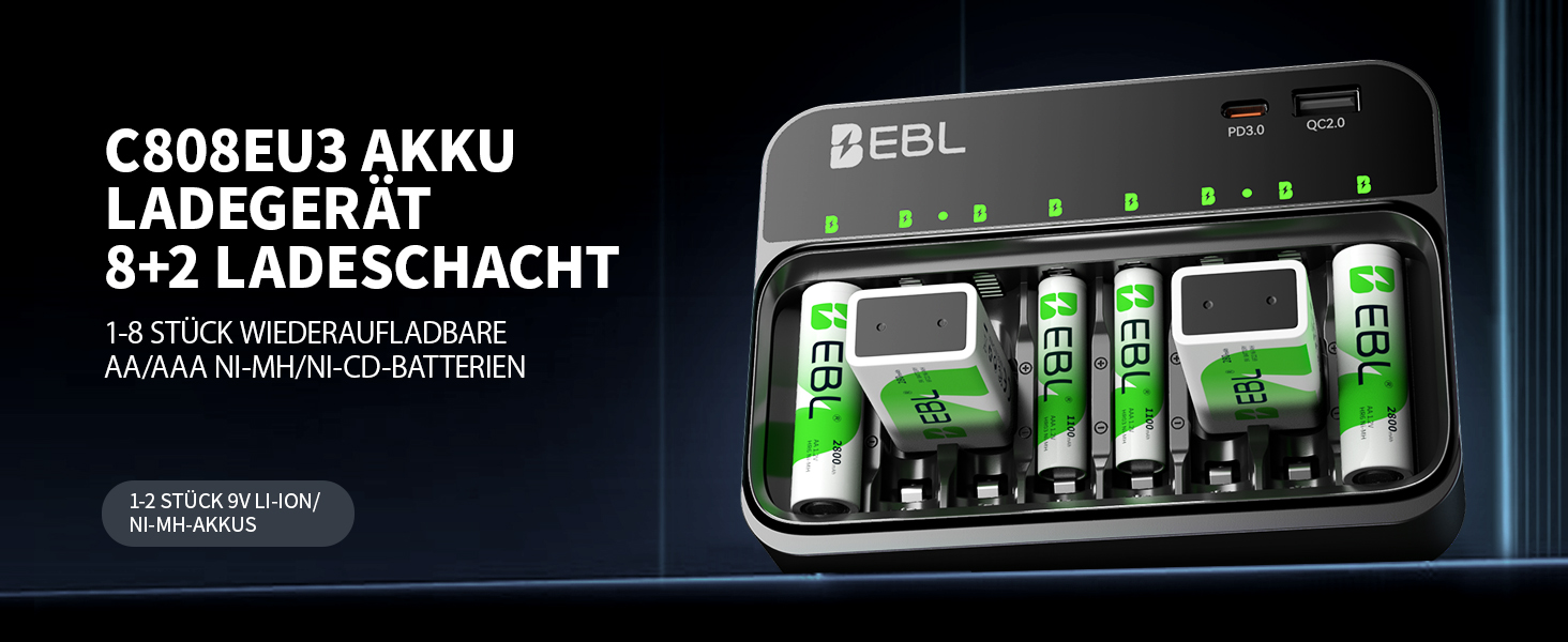 Зарядний пристрій EBL для акумуляторів AA, AAA, 9V, сумісний з NI-MH, USB-C PD3.0 та Micro USB, швидка зарядка