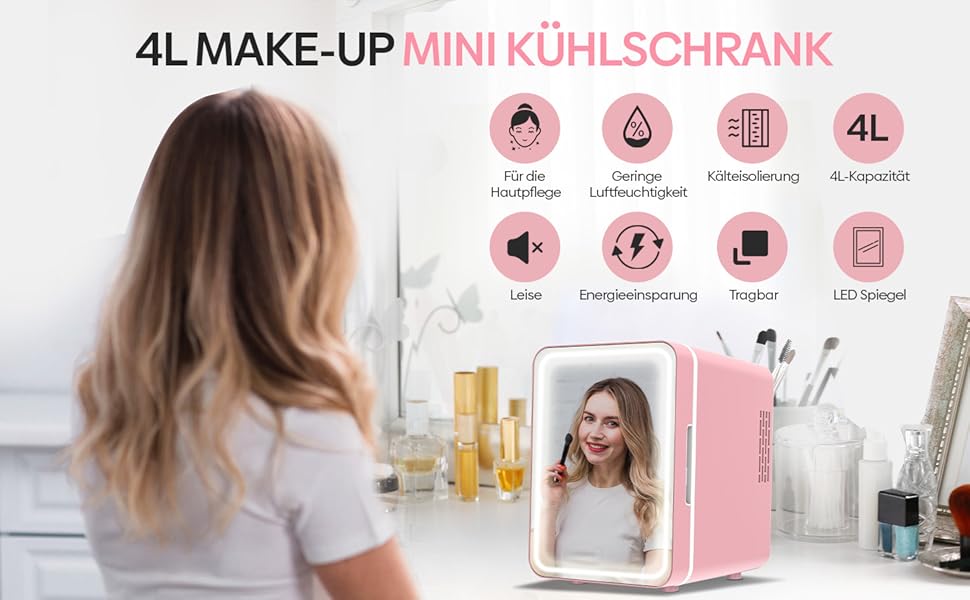 Olvy Skincare Fridge - 4 Liter Mini Fridge with LED Mirror - Portable Beauty Fridge, Cooling & Heating for Room Use (Pink)