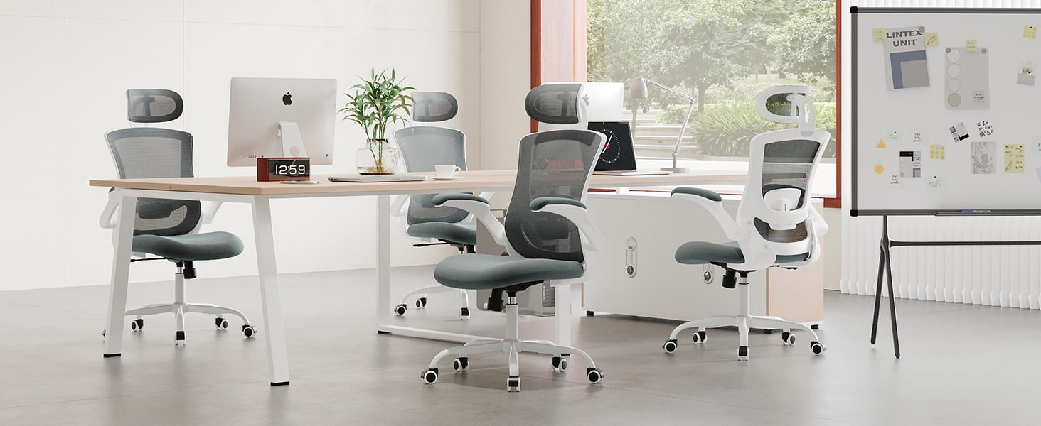 Офісне крісло Colamy з ергономічною підтримкою спини, регульованою підголівником та поперековою підтримкою, сітчасте, сірого кольору