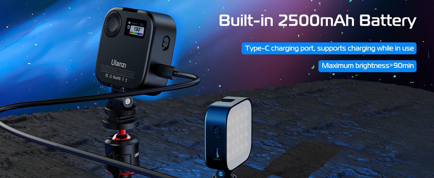 ULANZI U60 RGB LED Відеолампа: портативна фотоосвітлення з регулюванням температури кольору (2500-9000K), CRI 95+, 2500mAh, з кріпленням Cold Shoe та кліпсою