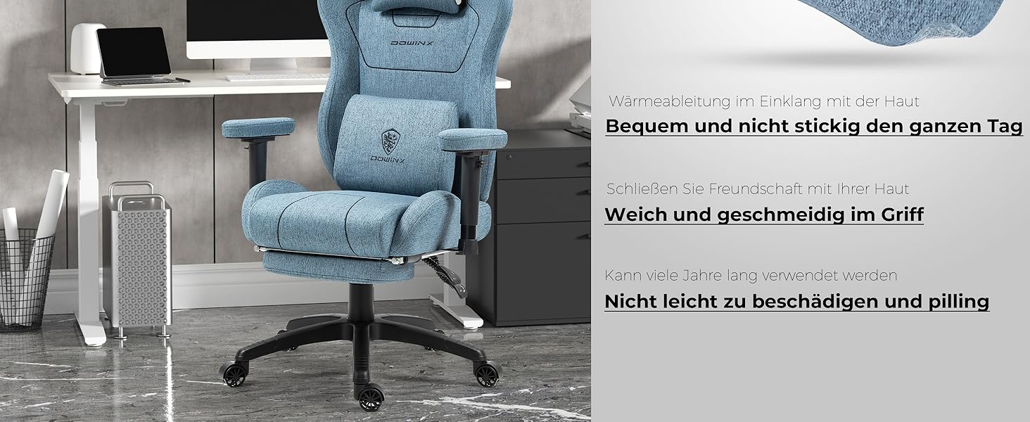 Ігровий крісло Dowinx з тканини, ергономічний геймерський крісло з м'якими підлокітниками, стабільний ігровий та офісний крісло для тривалого сидіння, блакитний