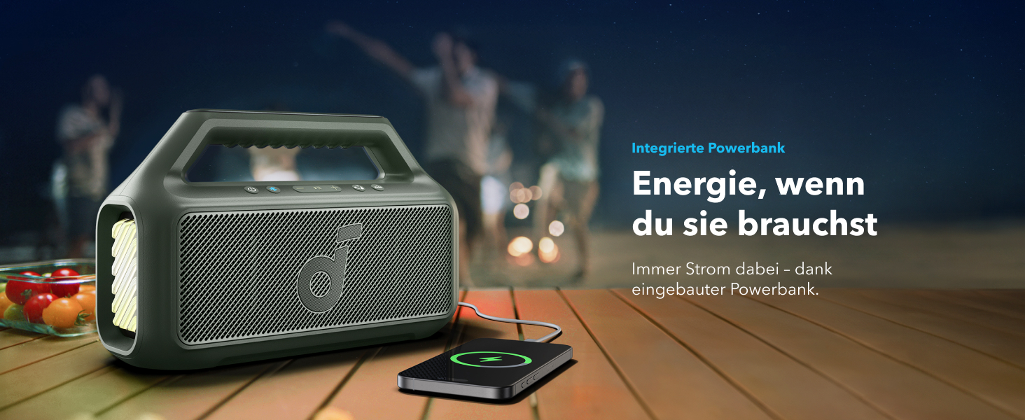 Soundcore Boom 2 - Портативна Bluetooth Колонка, 80W, Сабвуфер, BassUp 2.0, 24h, IPX7, LED, USB-C, BT 5.3, для кемпінгу, пляжу, саду (зелена)