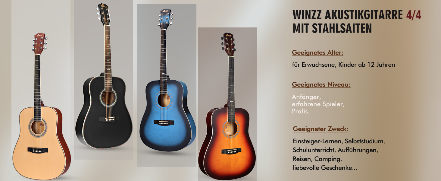 Акустична гітара Winzz 4/4 для початківців, 41 дюйм з чохлом, тюнером, ремінком, медіатором, запасним струною та підставкою (натуральний колір)