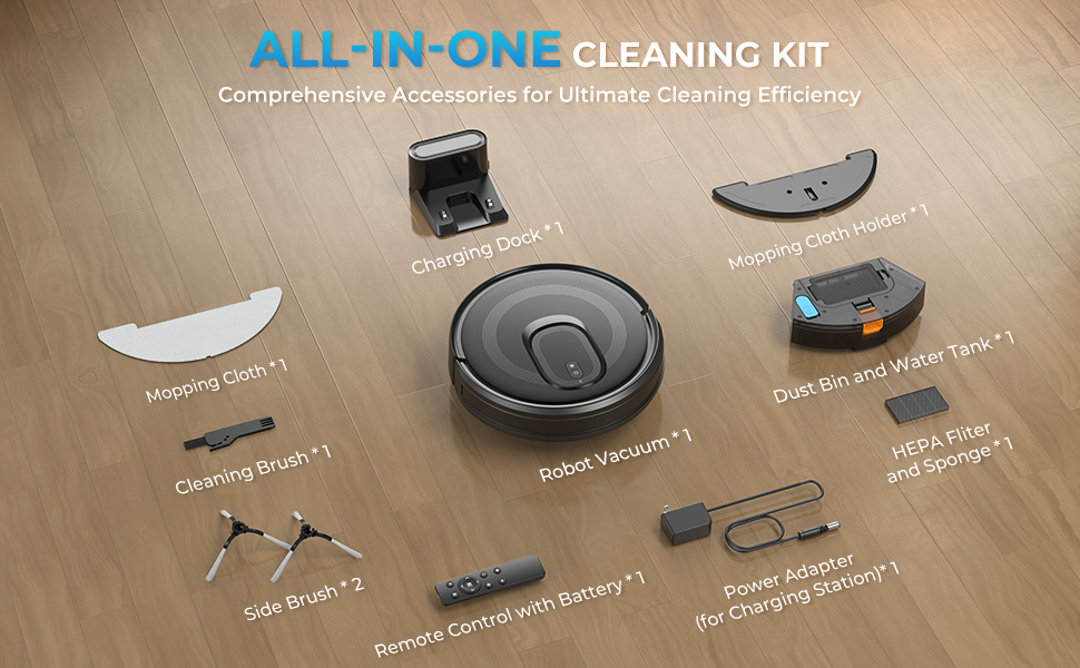 Робот-пилосос з функцією миття, 4200Pa, 130 хв роботи, для високих порогів, гладких поверхонь та тиха робота, система захисту від заплутування, керування через додаток/Alexa/Wi-Fi, для шерсті тварин, килимів та підлоги, чорний