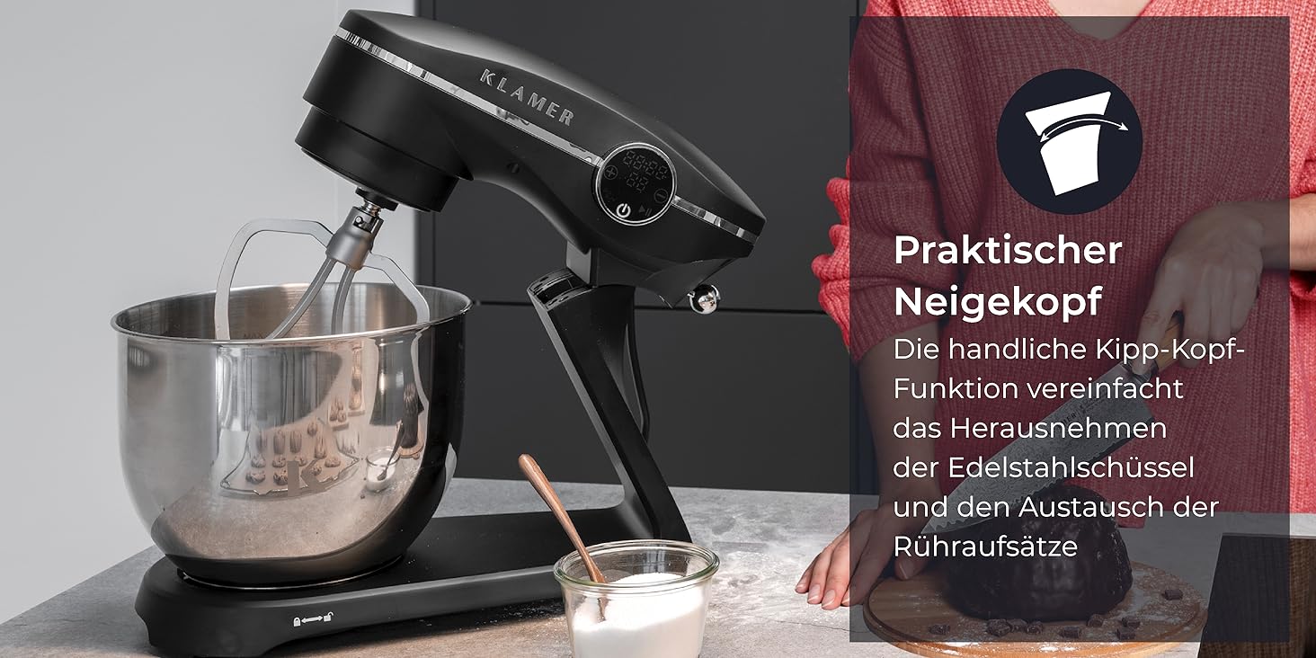 KLAMER 1800W Stand Mixer - Stainless Steel Bowl 6L, 10 Speed, Timer, Planetary Mixing, Dough Hook, Whisk & Beater - Black