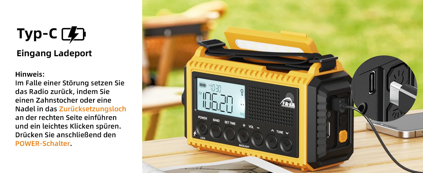 Радіо Kurbelradio 12000 mAh: Сонячне, ручне, аварійне радіо з ліхтариком та USB-зарядкою (Жовтий)