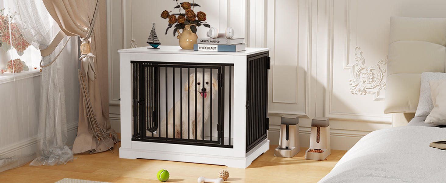 BEWISHOME Клітка для собак, 81 см, Біла, з 3 дверцятами, для дому, з функцією столику, для маленьких/середніх собак, EMGL03W