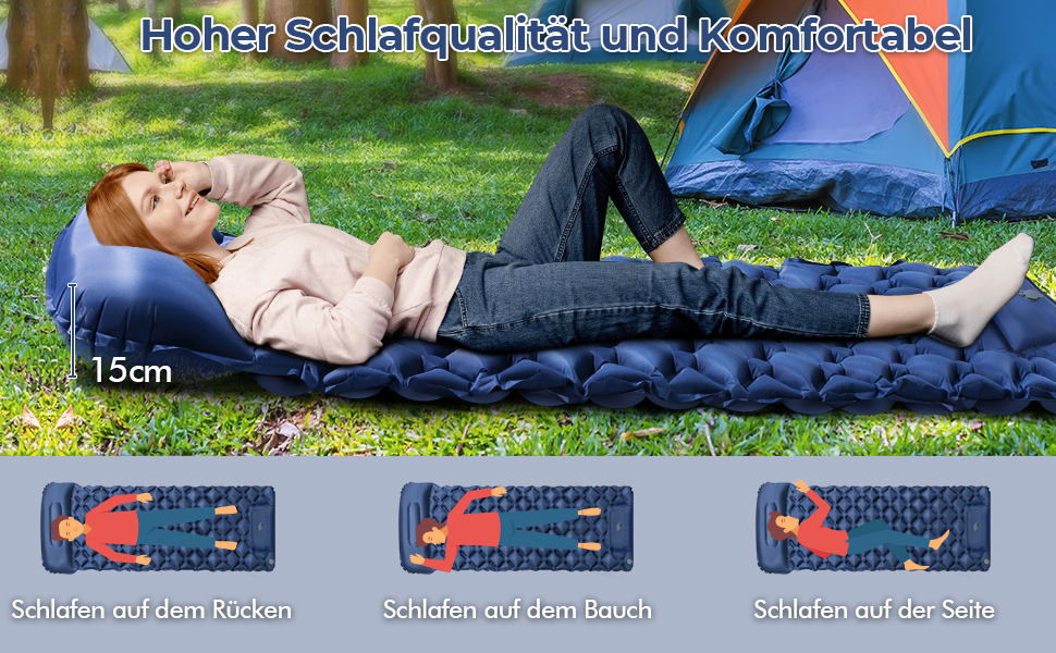 Надувний килимок для кемпінгу самонадувний Ultraleichte 195x60 см з вбудованою подушкою та помпою, водонепроникний, синій