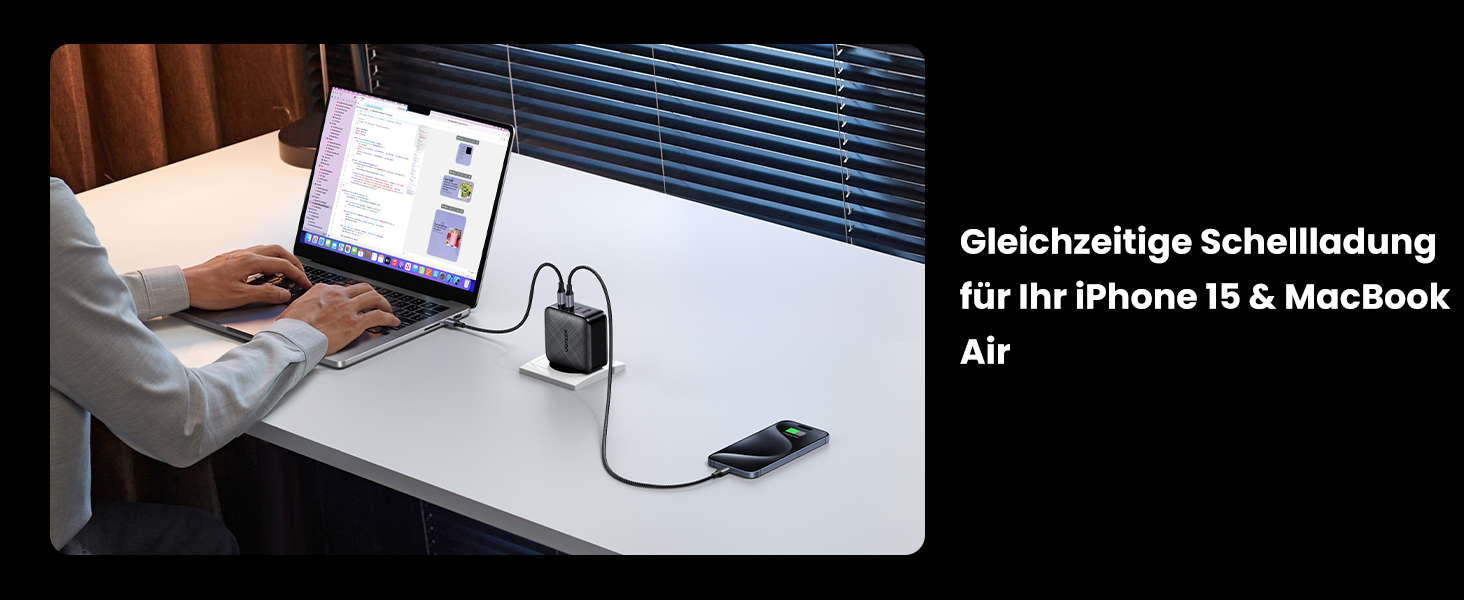 Зарядний пристрій UGREEN 65W USB-C GaN PD з 4 портами для MacBook, iPhone, iPad, Samsung